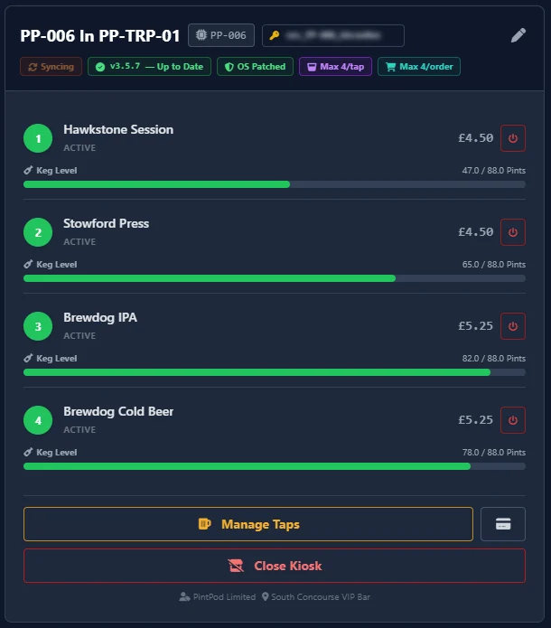 A four-tap PintPod in Tap Command showing each tap’s product, price and keg level, with a Close Kiosk control