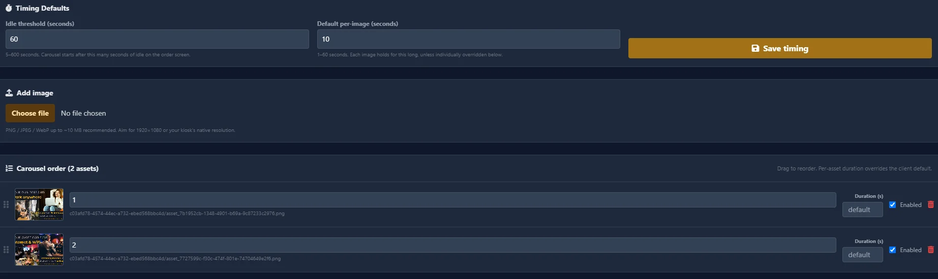 Idle Screen settings in Tap Command: an idle threshold in seconds, a default per-image duration, and a drag-to-reorder carousel of uploaded media