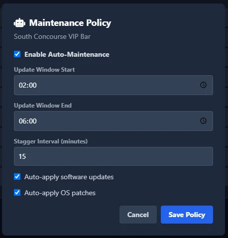 The maintenance policy for a location: auto-maintenance enabled, an update window from 02:00 to 06:00, and a 15 minute stagger interval between units